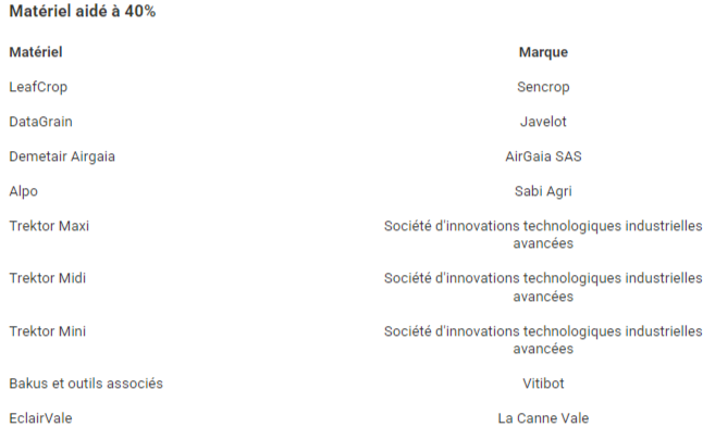 Matériel aidé à 40% pour le dispositif France 2030